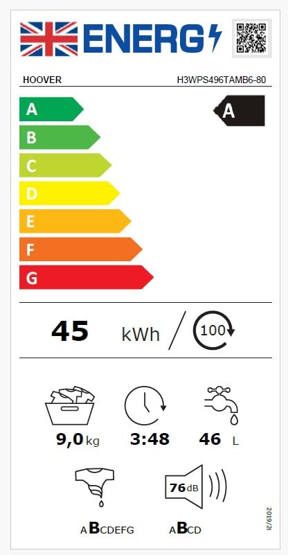 Hoover H-WASH 350 9kg Freestanding Washing Machine, 1400 RPM, A Rated, ECO-Power Inverter Motor, hOn App, 60 Programmes, Eco Doser, Power Care System, White, 60x53x85 cm - H3WPS496TAMB6-80
