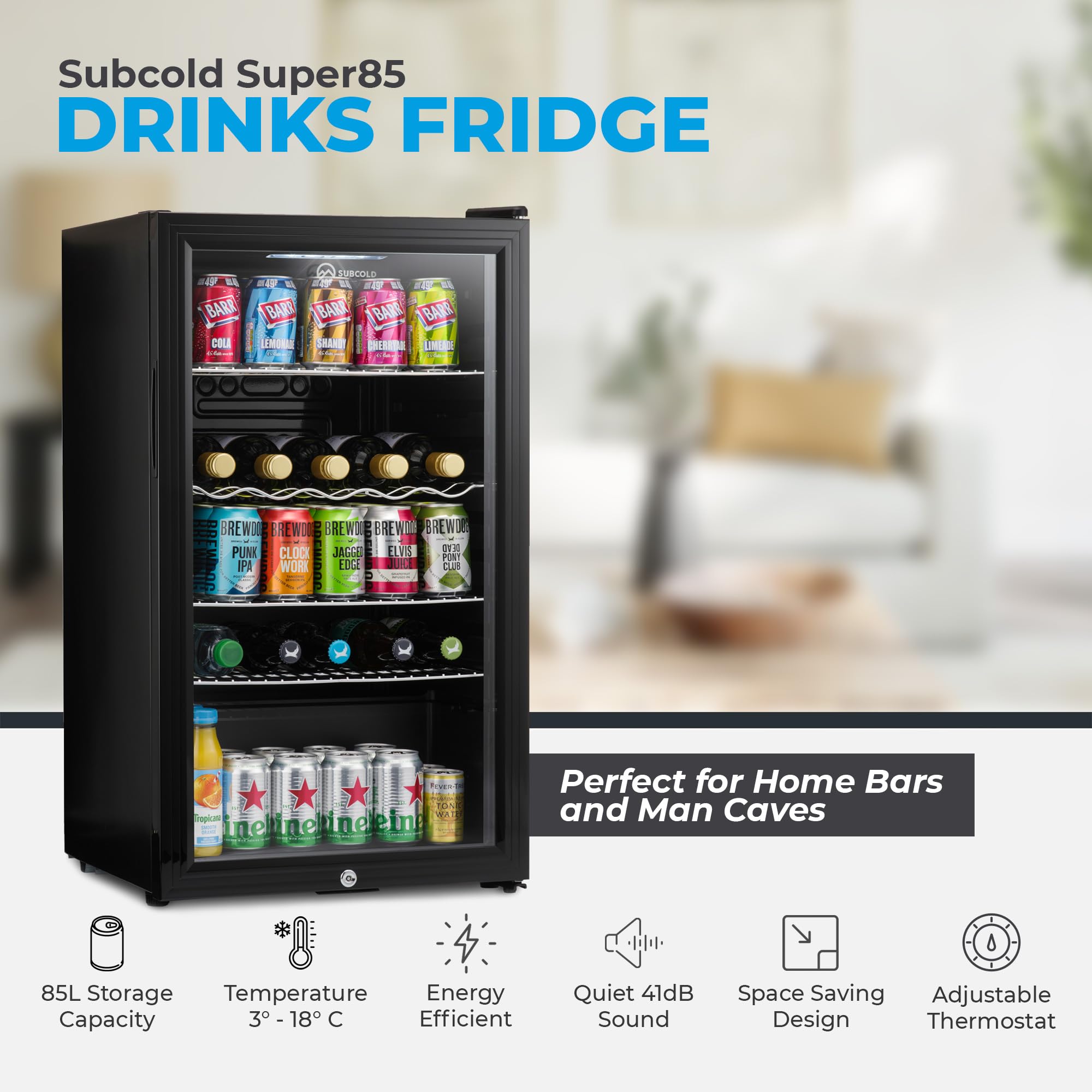 Subcold Super85 LED - Under-Counter Fridge | 85L Beer, Wine & Drinks Fridge | LED Light + Lock and Key | Energy Efficient (Black, 85L)…