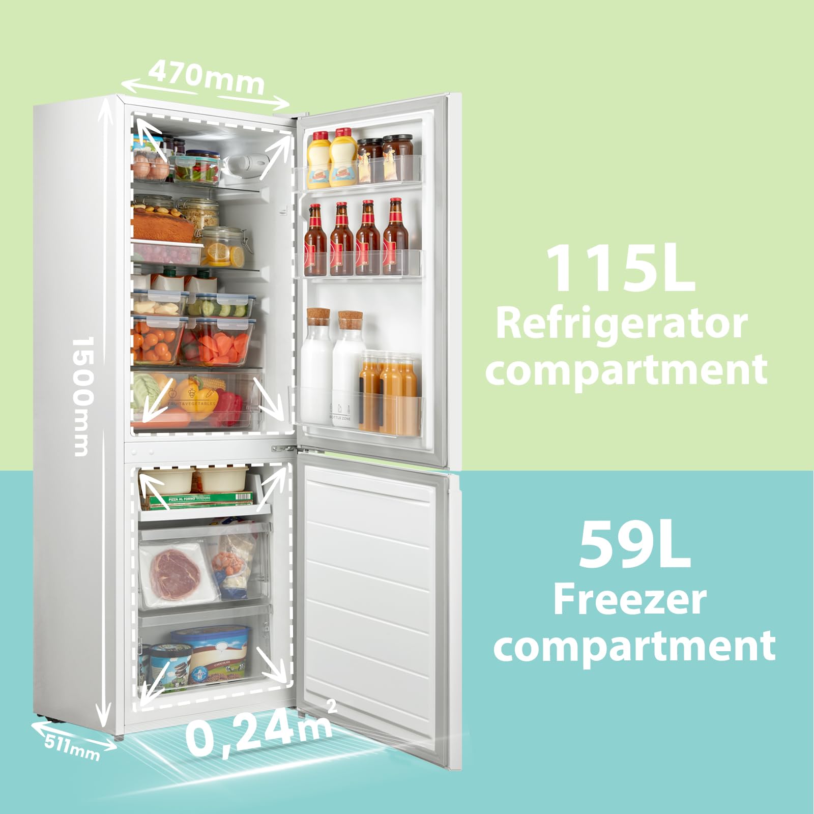 Freestanding Fridge Freezer 174 Litre RCB169WH2(E) Low Frost Fridge with Reversible Door Hinge - Energy Saving LED lights & Adjustable thermostat – Low Noise- White