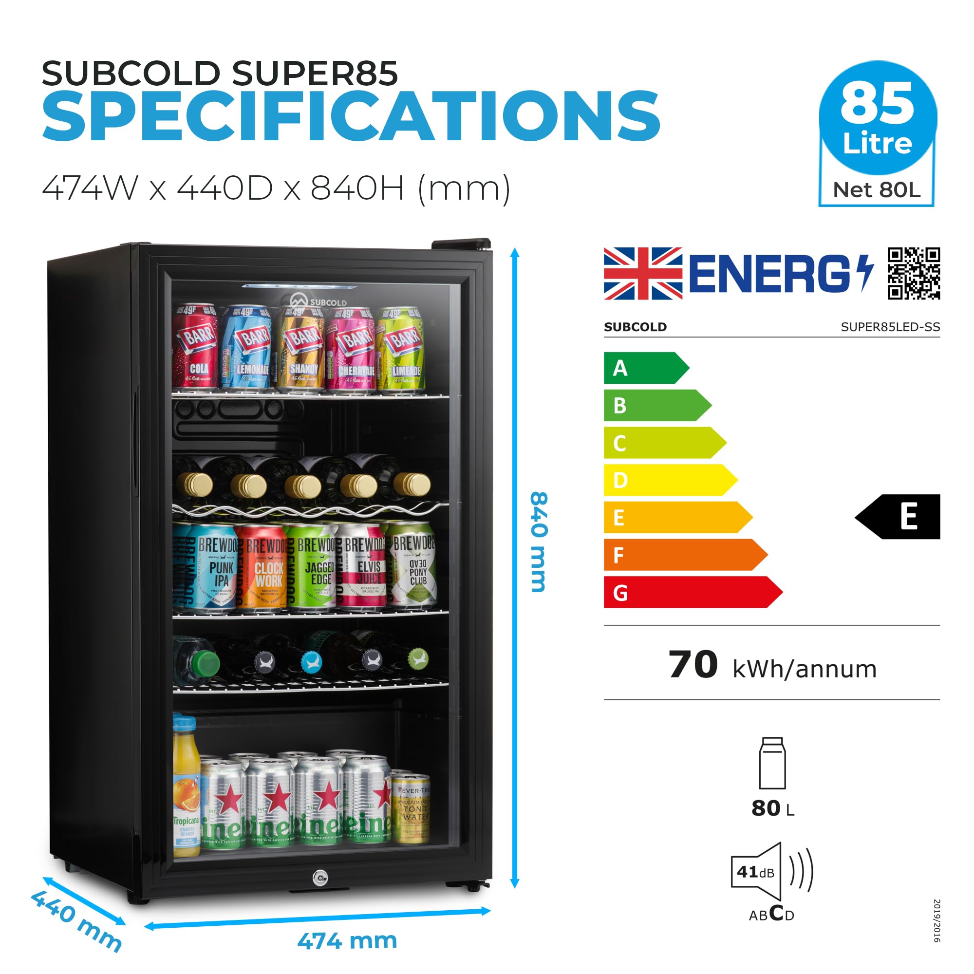 Subcold Super85 LED - Under-Counter Fridge | 85L Beer, Wine & Drinks Fridge | LED Light + Lock and Key | Energy Efficient (Black, 85L)…