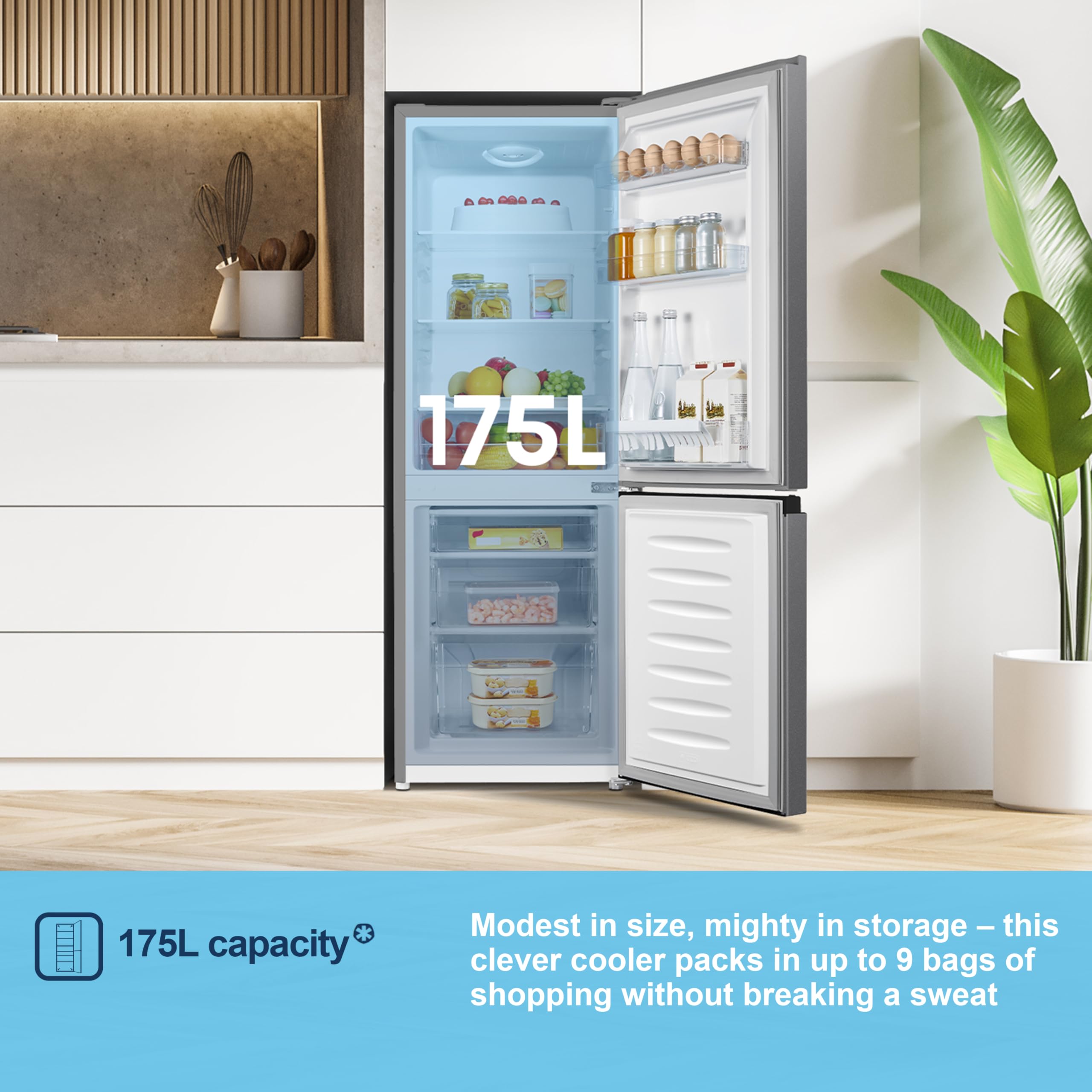 MC50165EB 50cm Freestanding 60/40 Fridge Freezer - 175-litre capacity with Crisper box - Reversible Door - LED Lighting- 4 Star Freezer Rating - Black - E Rated