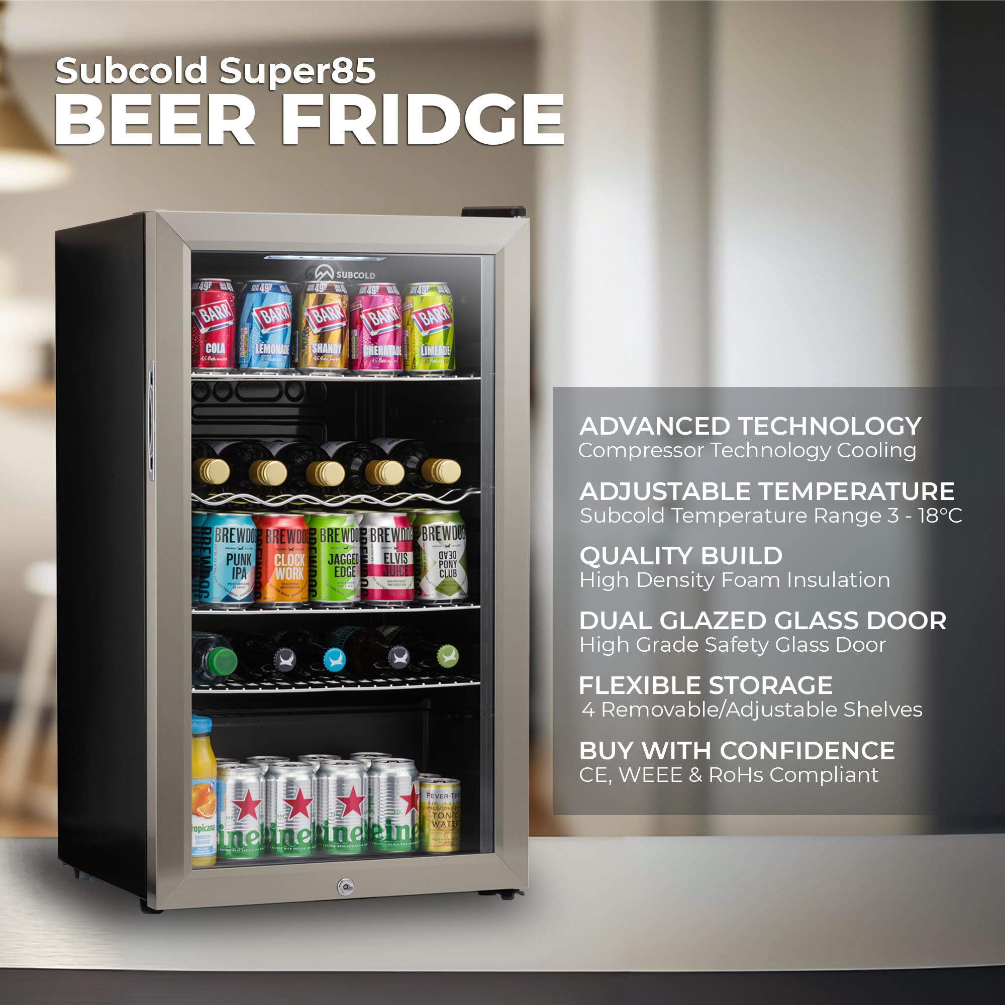 Subcold Super85 LED - Under-Counter Fridge | 85L Beer, Wine & Drinks Fridge | LED Light + Lock and Key | Energy Efficient (Stainless Steel, 85L)