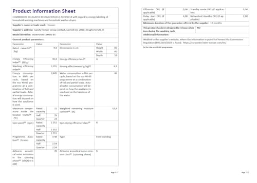 Hoover H-WASH 350 9kg Freestanding Washing Machine, 1400 RPM, A Rated, ECO-Power Inverter Motor, hOn App, 60 Programmes, Eco Doser, Power Care System, White, 60x53x85 cm - H3WPS496TAMB6-80