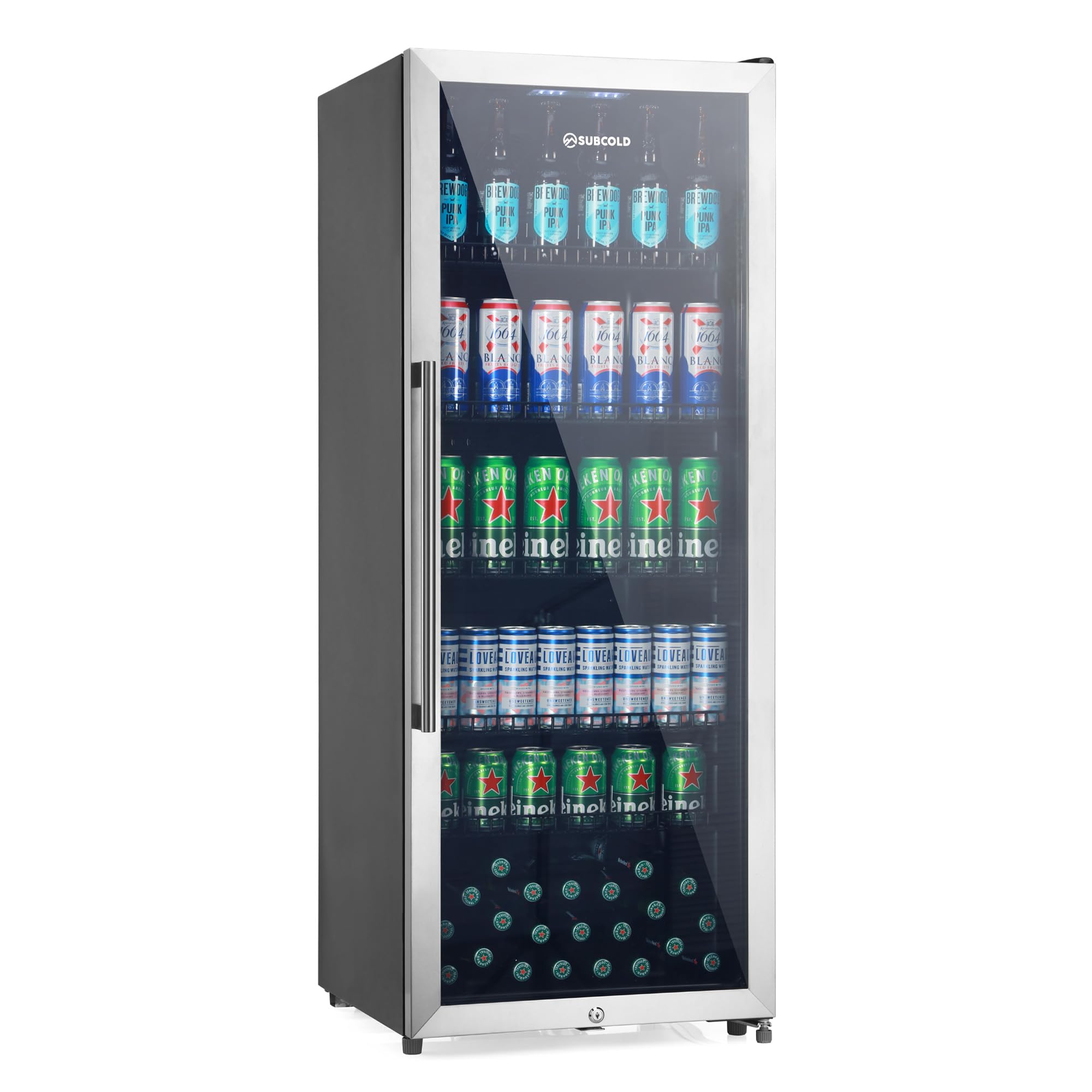 MAXI250LED Upright Drinks Fridge with Stainless Steel Glass Door | 237L Can Cooler | Lockable Fridge Ideal for Home Bars, Kitchens, and Entertaining Spaces (Stainless Steel)