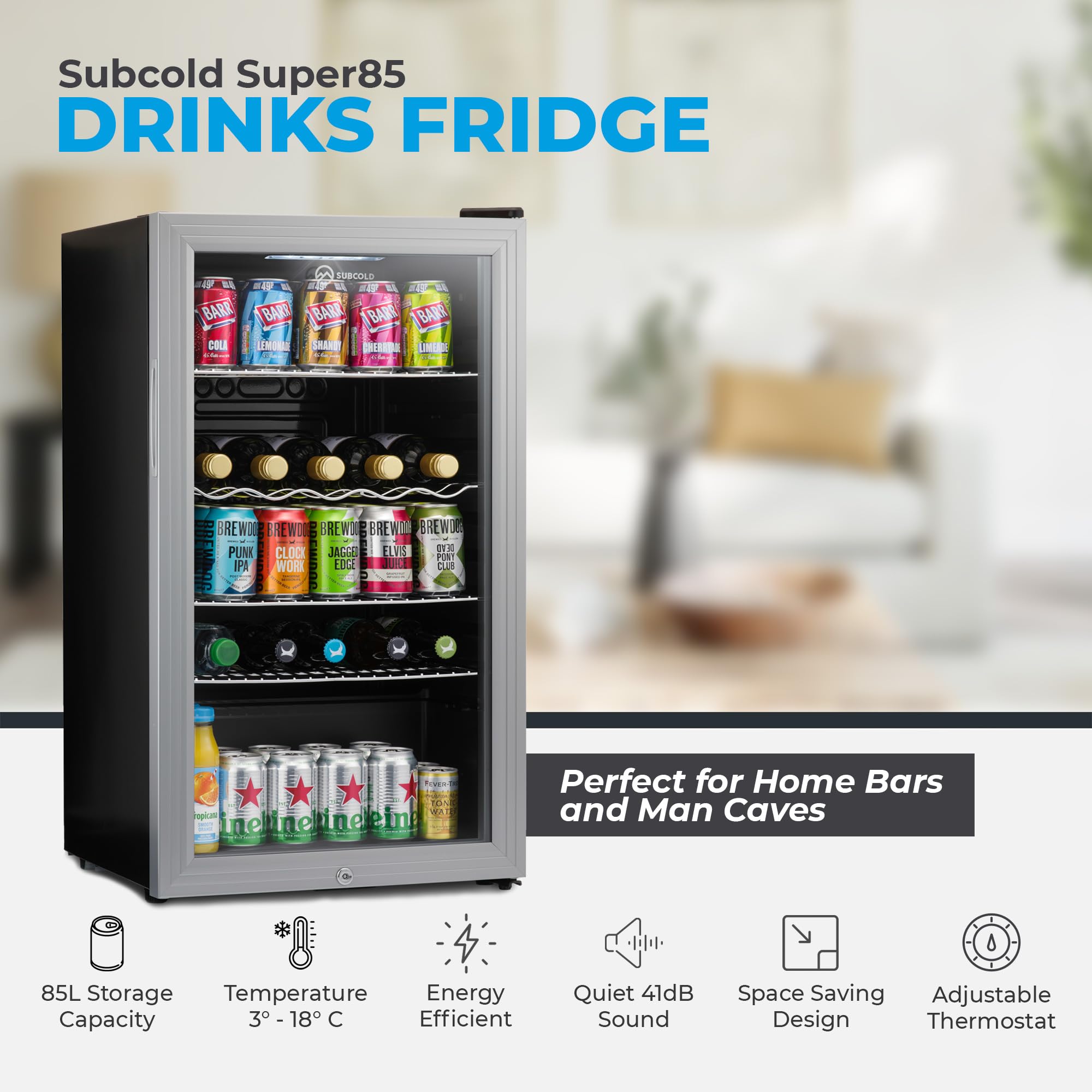 Subcold Super85 LED - Under-Counter Fridge | 85L Beer, Wine & Drinks Fridge | LED Light + Lock and Key | Energy Efficient (Stainless Steel, 85L)