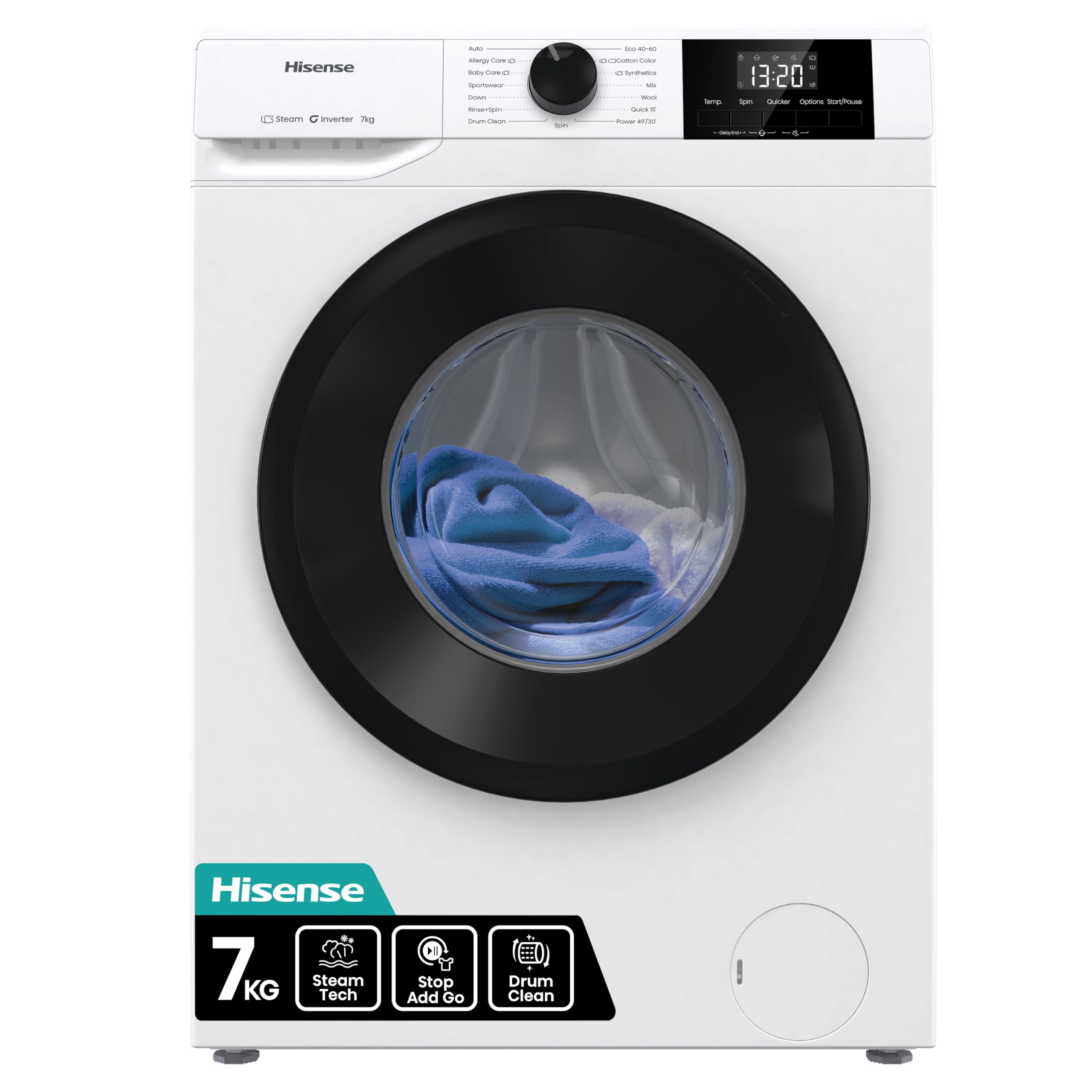 WF1G7021BW Freestanding 7 KG-Front Load Durable Inverter Washing Machine, Steam Wash-Quick Wash-15 Washing Programs-1200 RPM-White-Energy Rating B