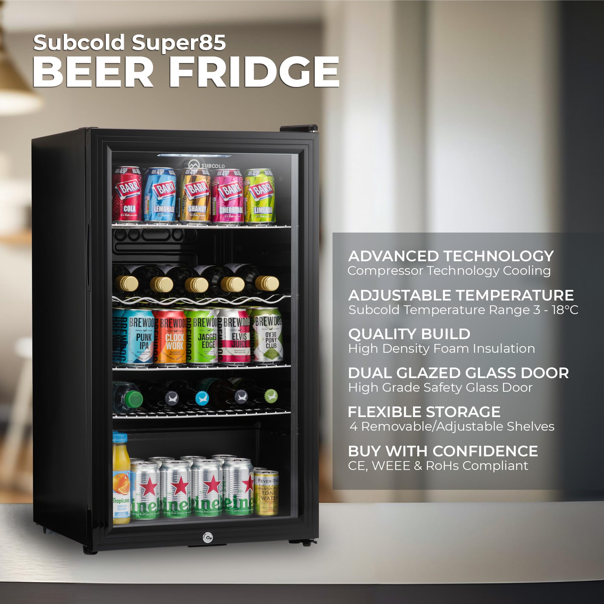 Subcold Super85 LED - Under-Counter Fridge | 85L Beer, Wine & Drinks Fridge | LED Light + Lock and Key | Energy Efficient (Black, 85L)…