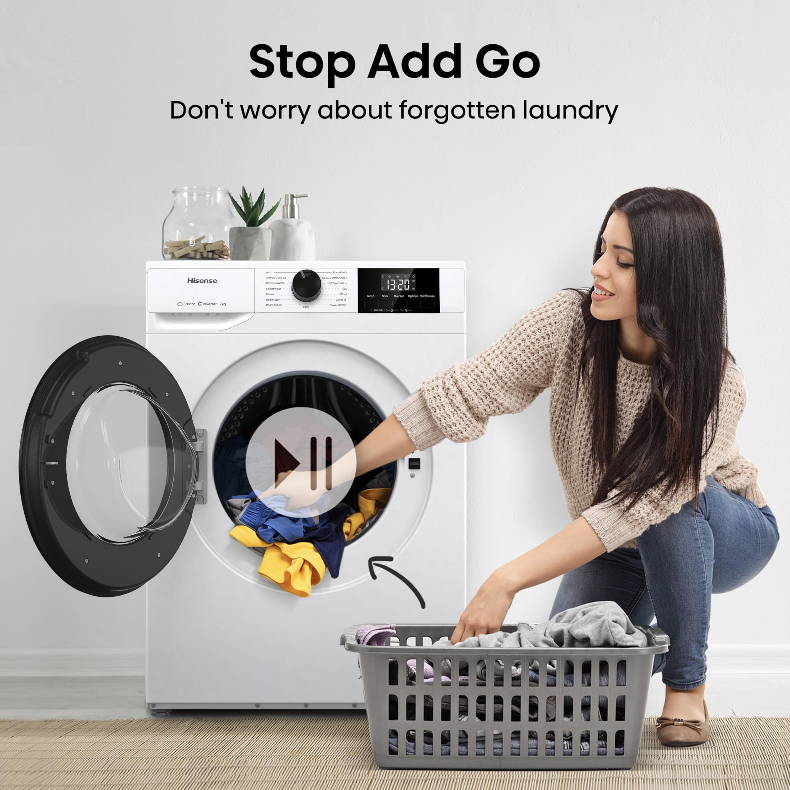 WF1G7021BW Freestanding 7 KG-Front Load Durable Inverter Washing Machine, Steam Wash-Quick Wash-15 Washing Programs-1200 RPM-White-Energy Rating B