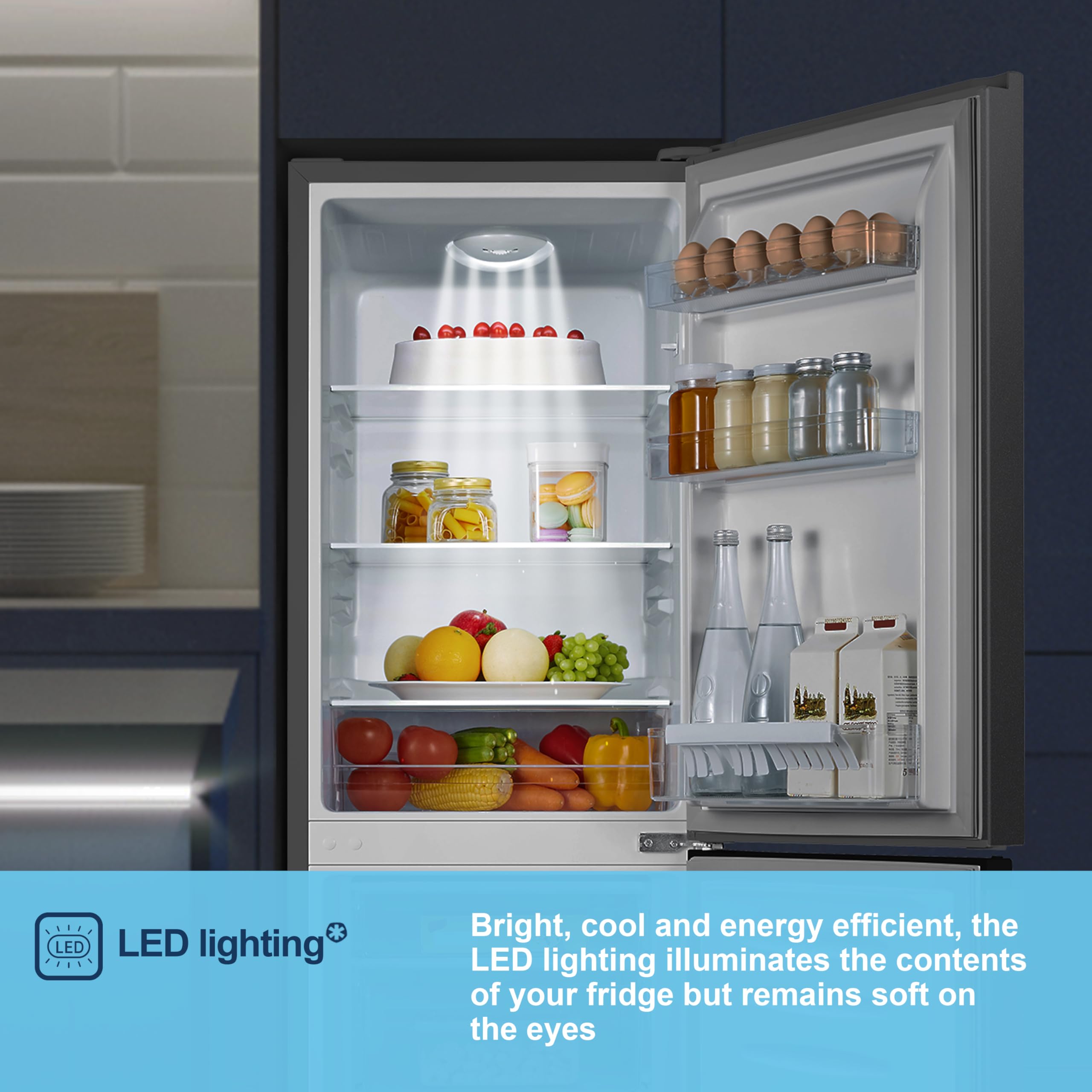 MC50165EB 50cm Freestanding 60/40 Fridge Freezer - 175-litre capacity with Crisper box - Reversible Door - LED Lighting- 4 Star Freezer Rating - Black - E Rated